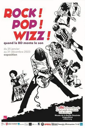 Affiche de l'exposition Rock ! Pop ! Wizz ! quand la BD monte le son - au festival international de la bande dessinée d'Angoulême 2023