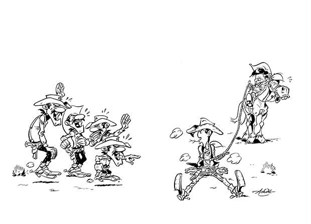 Lucky Luke est un personnage historique du magazine Spirou, c'est donc tout naturellement dans l'hebdomadaire que les nouvelles aventures de Lucky Luke ont été pre-publiées tout l'été ! Voici le dessin qui illustra la couverture du numéro de Spirou avec les premières planches des Tontons Dalton